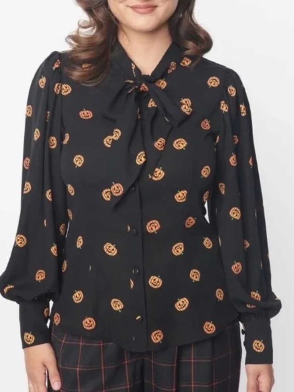 Unique Vintage 1950s Style Pumpkin Neck Tie Gwen Button Blouse Top